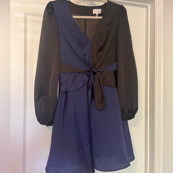 MILLY Stella black and blue bow tie waist dress - Picture 2 of 11